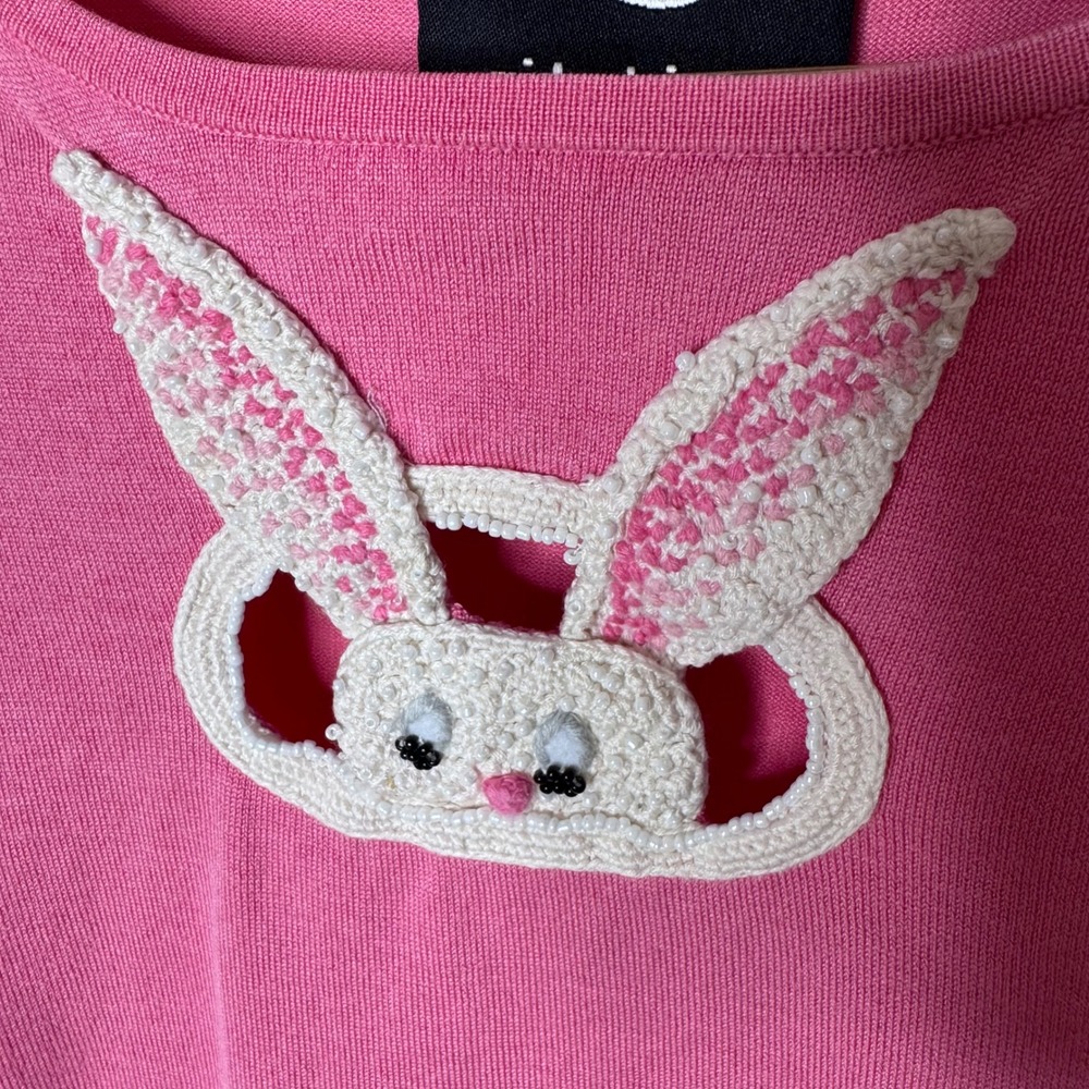 Vtg Michael Simon Sweater S Pink Silk Blend Bunny Rabbit Beaded Easter Y2K READ - Picture 2 of 13